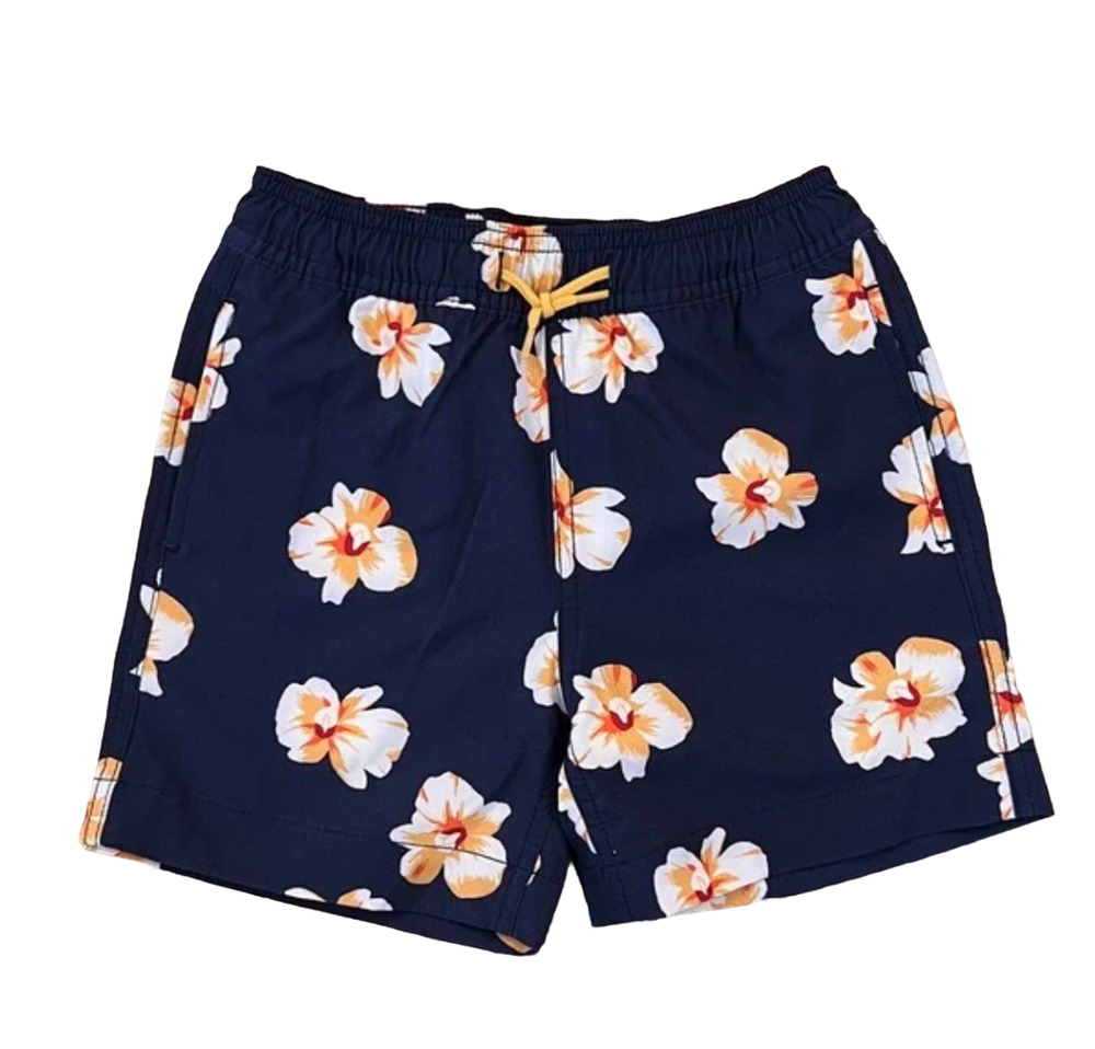 NWT J. Crew Boys' Navy W/ Gold & White Tropical Floral Swim Trunk
